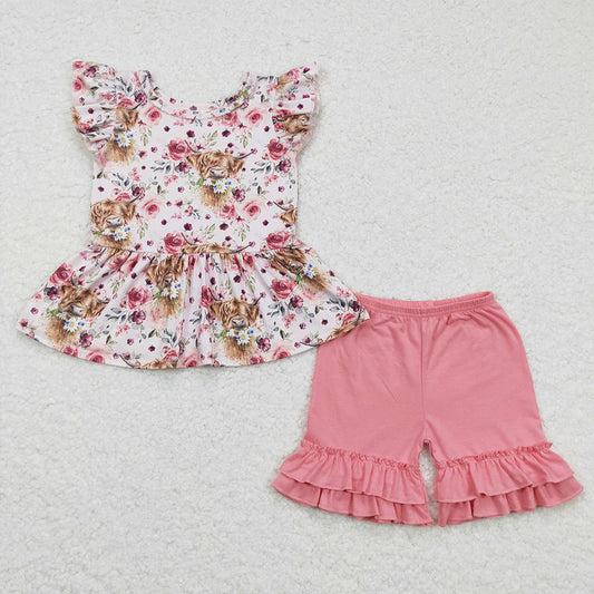 Promotion Baby Girl Western Cow Flower Ruffle Shorts Cotton Outfit