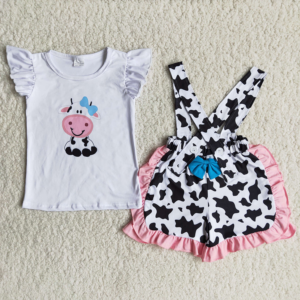 Promotion Baby girls summer cow print suspender shorts set