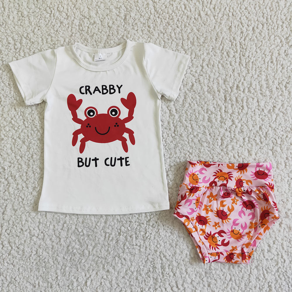 Promotion Baby Girl Girl Short Sleeves Crab Tops Bummies Outfit