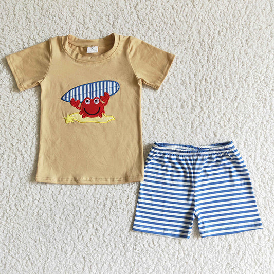 Baby Boy Summer embroidery Crab Sailboat Shirt Stripes Shorts Outfit