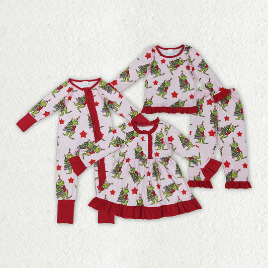 Girls Kids Green Face Stars Sibling Christmas Pajamas Dress Zipper Footie Romper Set Pink Clothes RTS