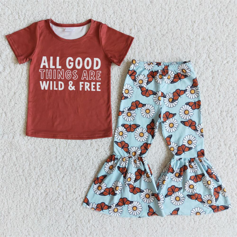 Promotion Baby Girl Short Sleeves Shirt Floral Butterflies Bell Pants Set