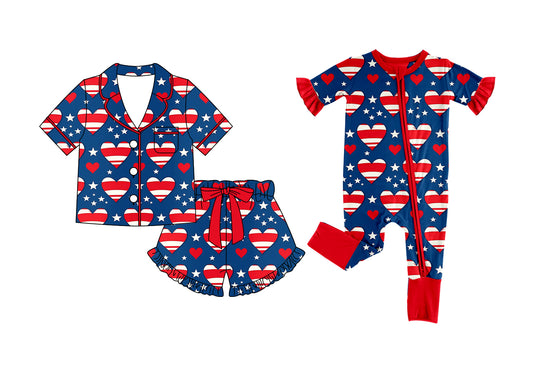 ( Moq 5 Each Style ) Baby Girls Kids Toddler Hearts Sibling 4th of July Zipper Romper Pajamas Set