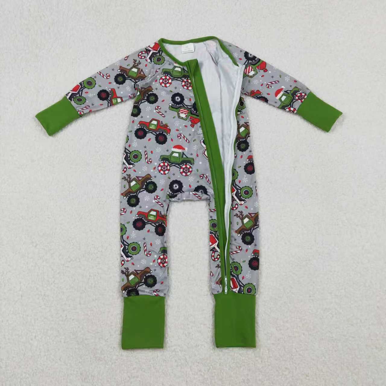 Sibling Baby Boys Kids Long Sleeves Christmas Trucks Zipper Romper Pajamas Set RTS