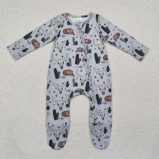 Baby Boy Long Sleeves Western Cow Cactus Zipper Footie Romper