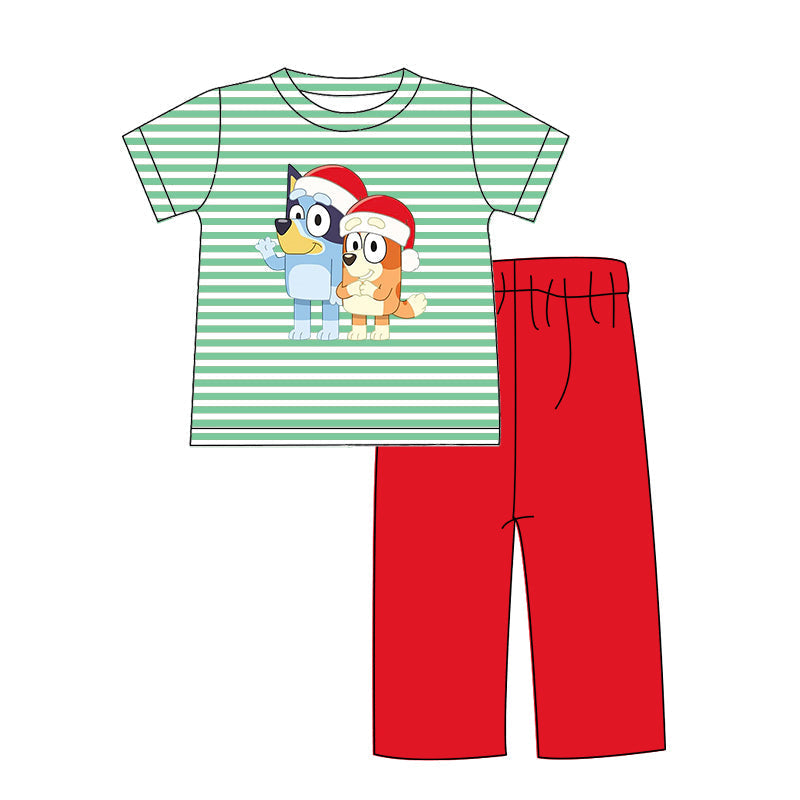 Baby Boy Christmas Dogs Stripes Shirt Red Pants Set