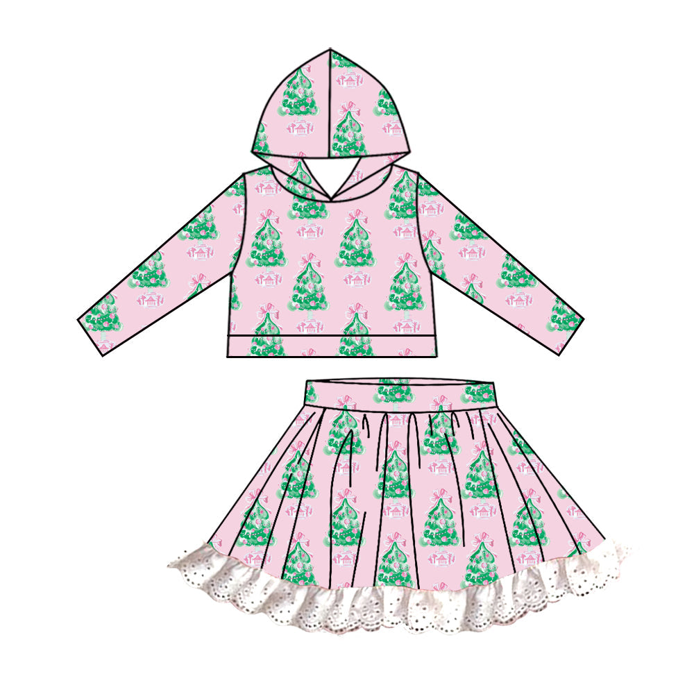 Baby Girl Christmas Pink Trees Hooded Tops Lace Skirts Clothes Set