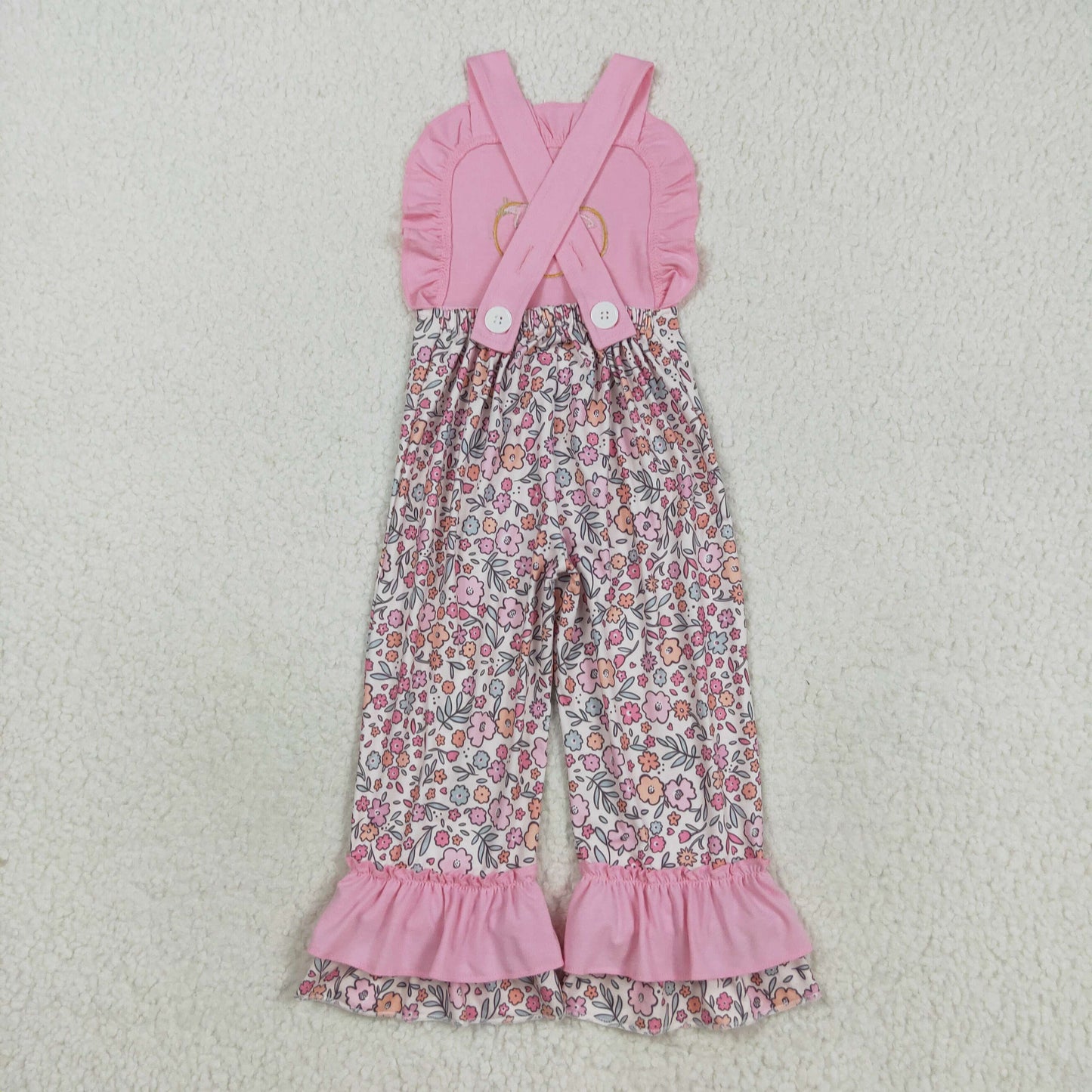 Baby Girl Pink Sleeveless Embroidery Pumpkin Bow Flower Fall Jumpsuit RTS