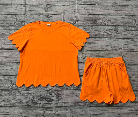 Adult Women Orange Short Sleeves Scallop Shirt Shorts Pajamas Cotton Clothes Set RTS