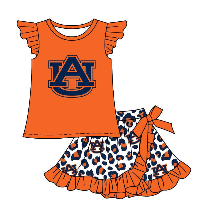 Baby Girl AU Team Orange Shirt Ruffle Leopard Shorts Skirt Skort Clothes Set ( Moq 5 )