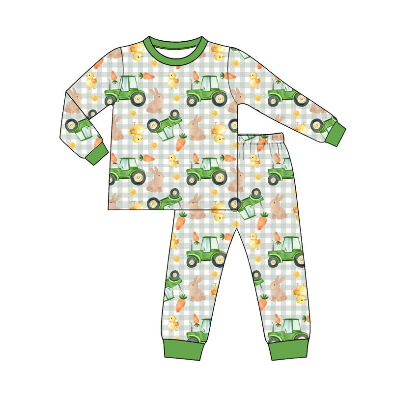 ( Moq 5 ) Preorder Baby Boys Kids Rabbits Carrots Tractors Shirt Pants Pajamas Set Easter Clothes