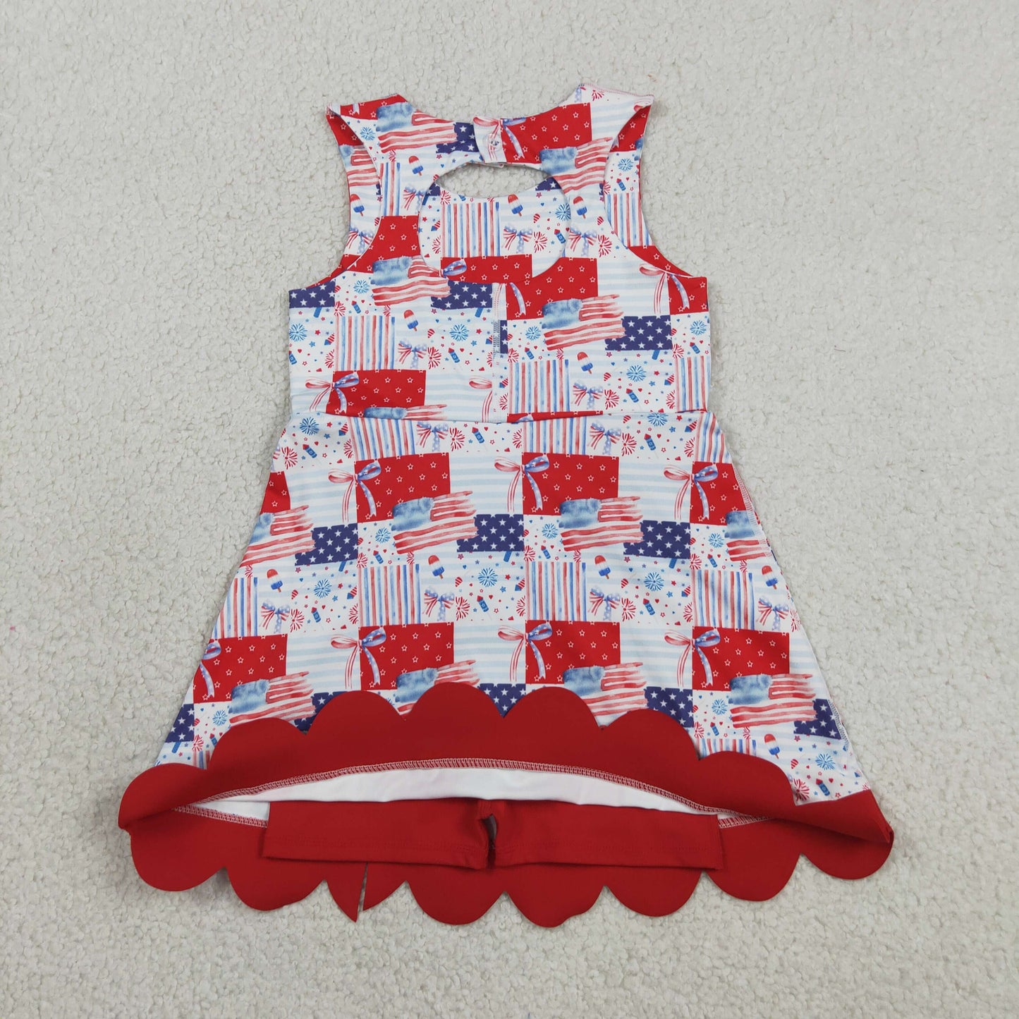 Baby Girls Flags Bows Stars 4th of July Yoga Active Shorts Knee Length Scallop Dress RTS