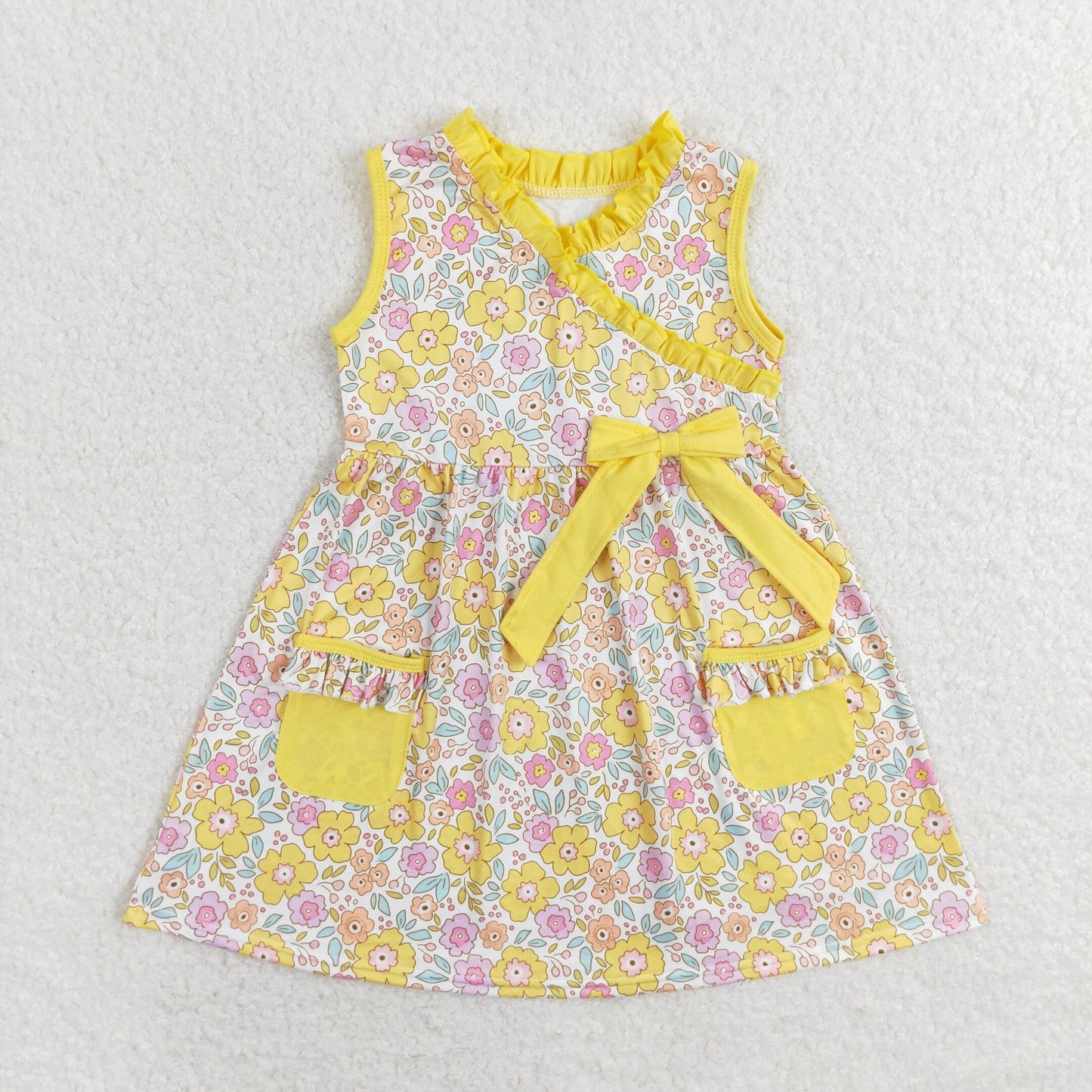 Baby Girl Sleeveless Flower Bow Pocket Yellow Dress