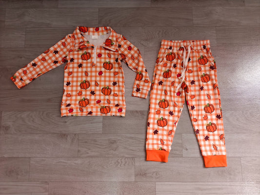 ( No moq ) Preorder Baby Boys Kids Pumpkins Plaid Zipper Pullover Pockets Pants Set Fall Clothes