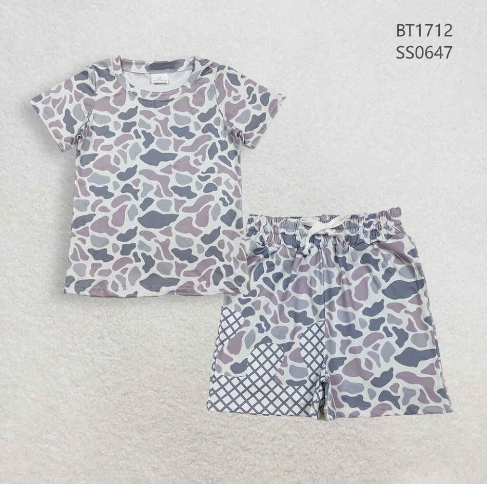 Baby Boys Kids Short Sleeves Shirt Grey Camo Plaid Pockets Shorts Summer Clothes Set RTS