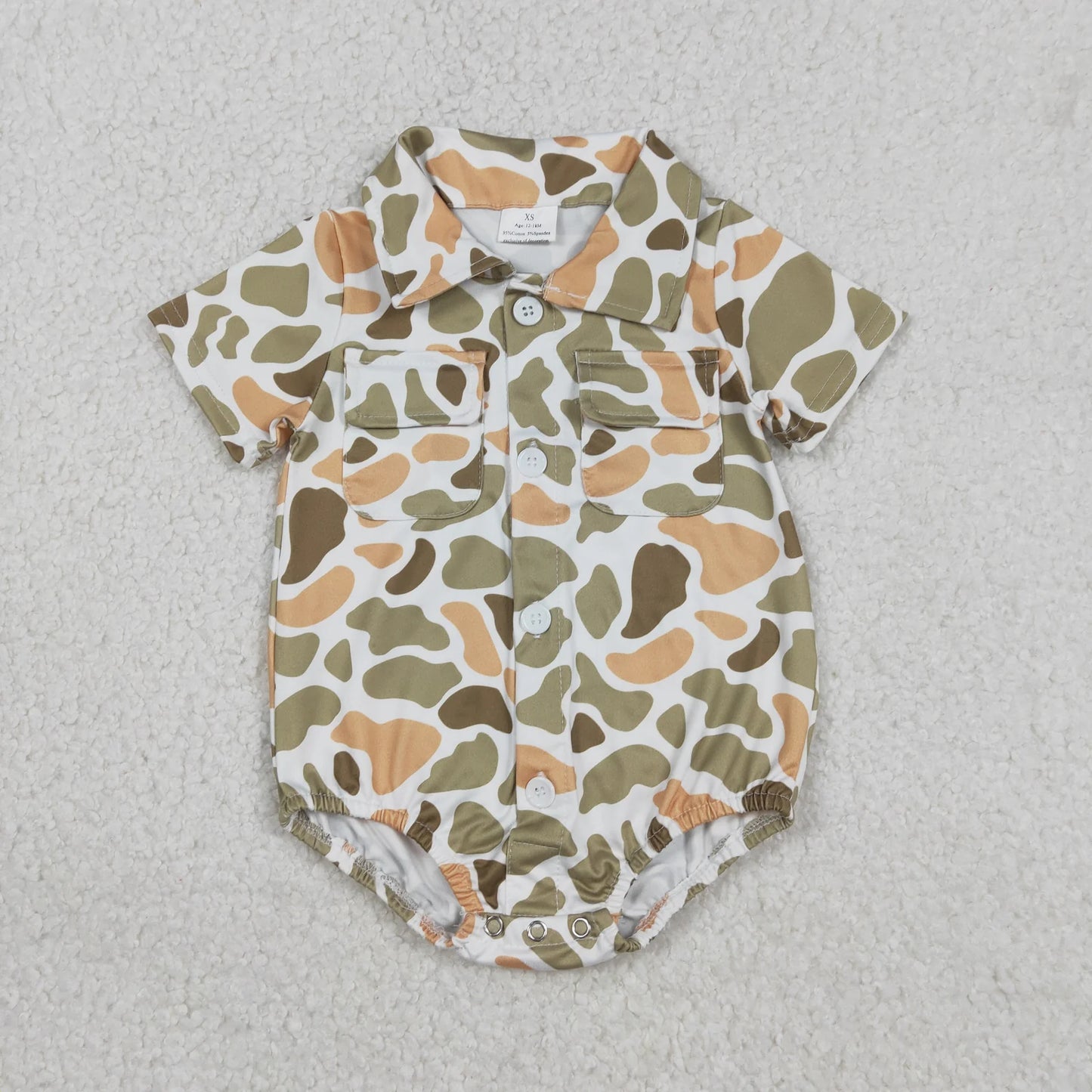 Sibling Baby Boys Infant Short Sleeves Camo Print Pockets Hunting Buttons Bubble Rompers RTS
