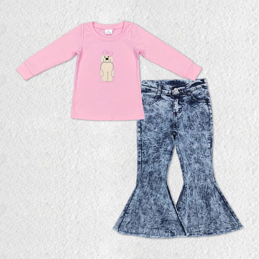 GLP1148 Baby Girl Embroidery Dog Pink Shirt Stripes Denim Pants Set