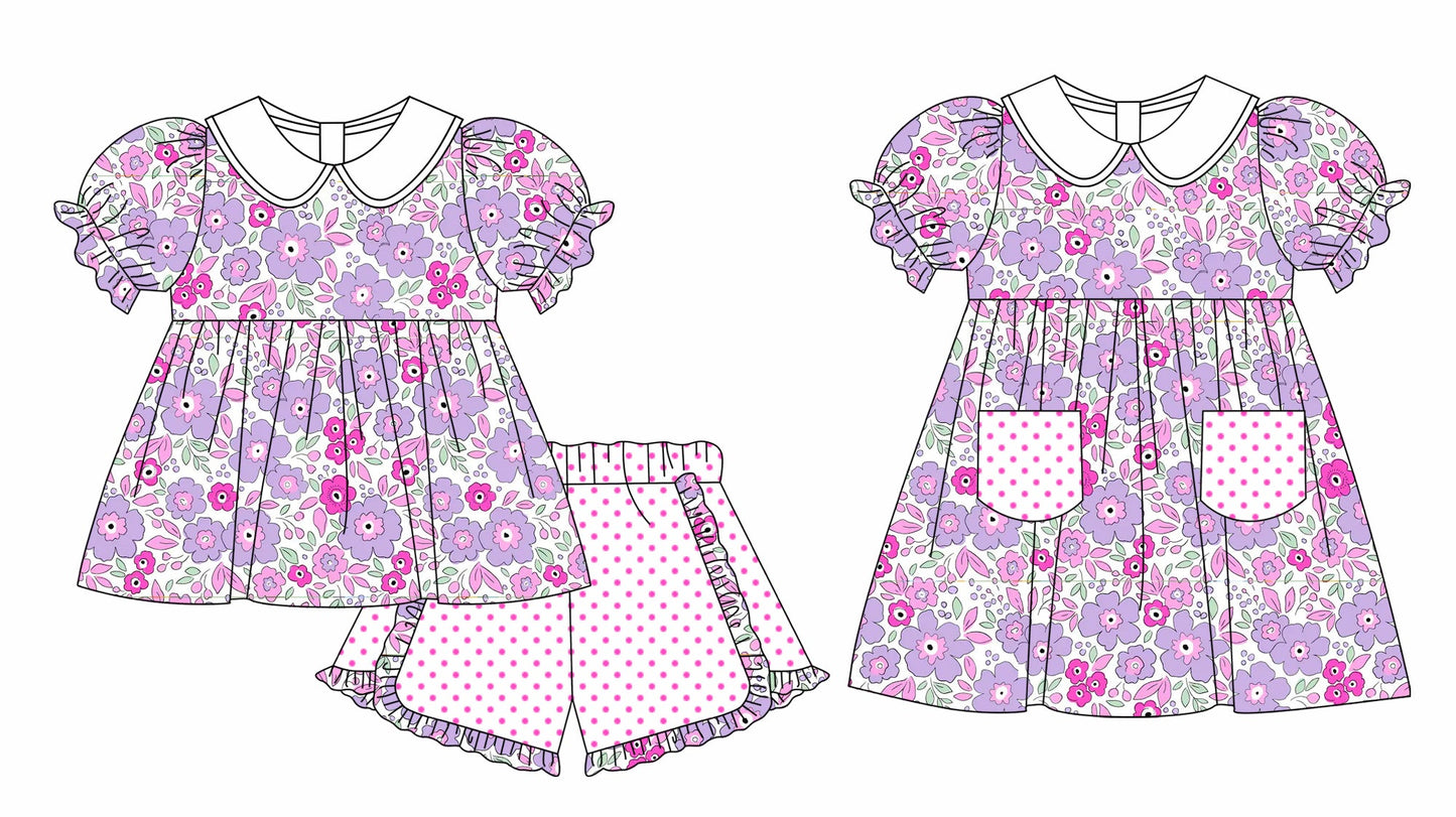 Baby Girl Short Sleeves Purple Flower Sibling Dress Romper Moq 5 Each Style