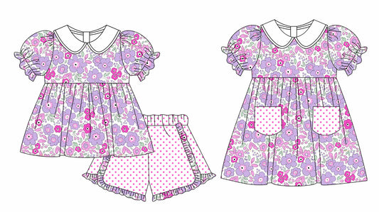 Baby Girl Short Sleeves Purple Flower Sibling Dress Romper Moq 5 Each Style