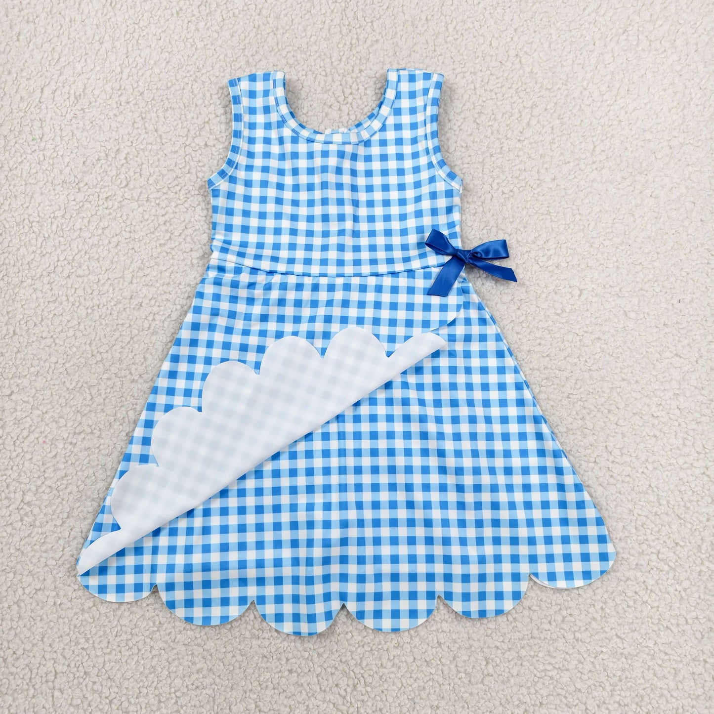 Baby Girls Kids Sleeveless Blue Plaid Scallop Yoga Knee Length Dress RTS
