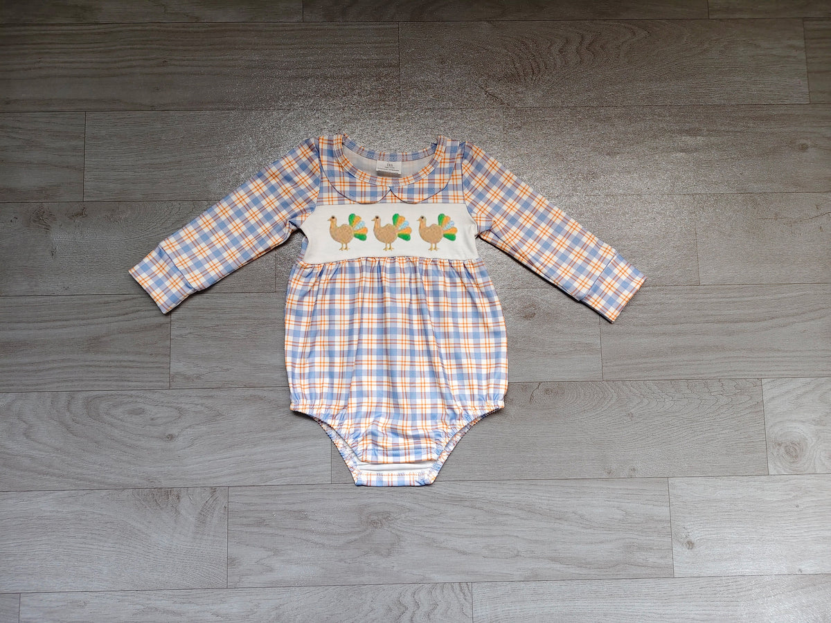 ( No moq ) Preorder Baby Boy Kids Embroidery turkey Thanksgiving Plaid Bubble Romper Clothes