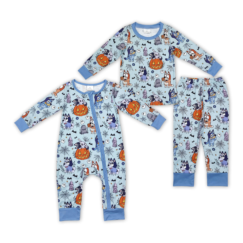 Baby Boy Dogs Pumpkin Sibling Brother Halloween Romper Pajamas Set