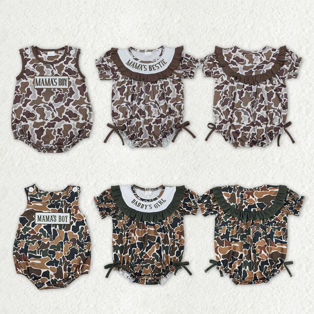 Sibling Baby Boys Girls Sleeveless Embroidery Mama's Daddy's Camo Rompers Clothes