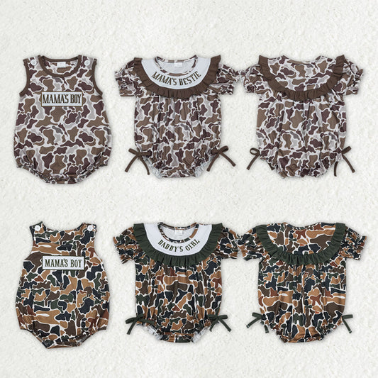 Sibling Baby Boys Girls Sleeveless Embroidery Mama's Daddy's Camo Rompers Clothes