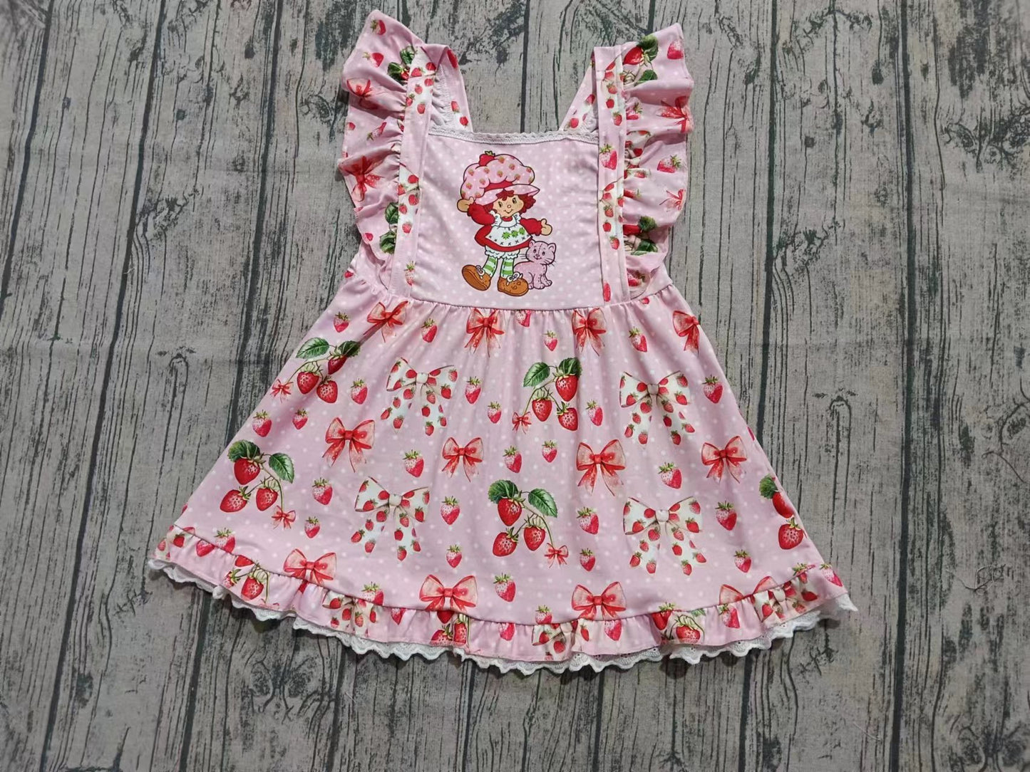 ( Moq 5  ) Baby Girl Short Sleeves Strawberry Ruffle Knee Length Dress