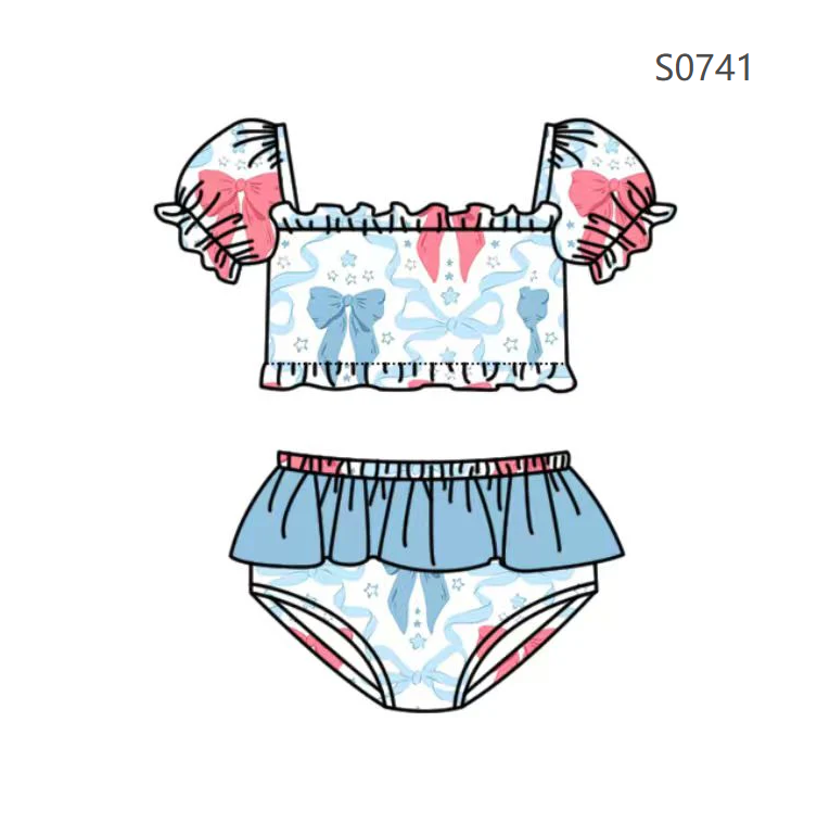 ( Moq 5 ) Preorder Baby Girls Kids Short Sleeves Red Blue Bows Tops Shorts Set 4th of July Swimsuit