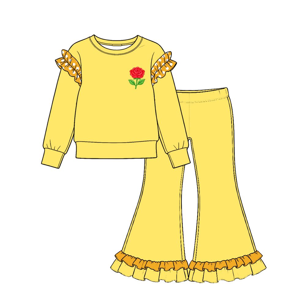 ( Moq 5 ) Preorder Baby Girls Kids Long Sleeves Flower Shirt Yellow Ruffle Pants Set Clothes
