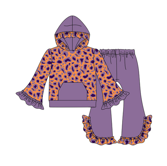 Moq 5 Baby Girls Purple Leopard Hooded Top Ruffle Pants Set