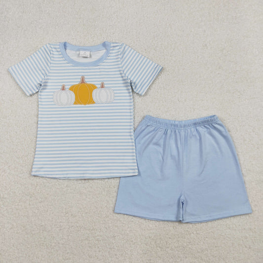 Baby Boy Short Sleeves Pumpkins Stripes Shirt Shorts Fall Blue Set RTS