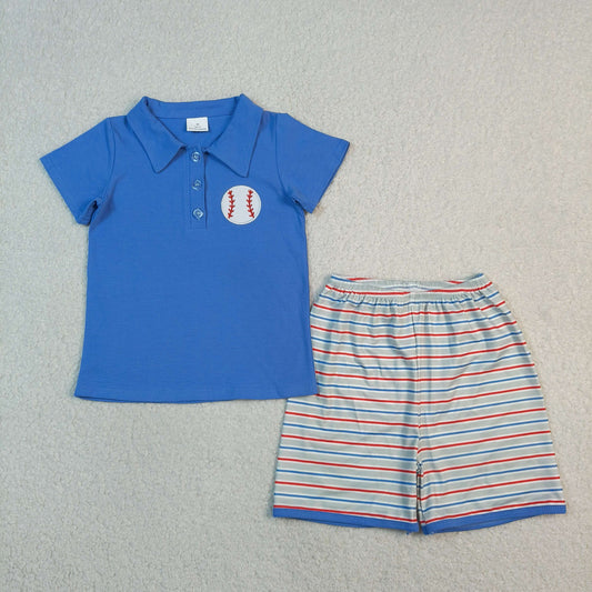 Baby Boys Kids Embroidery Baseball Blue  Polo Shirt Stripes Shorts Summer Set RTS