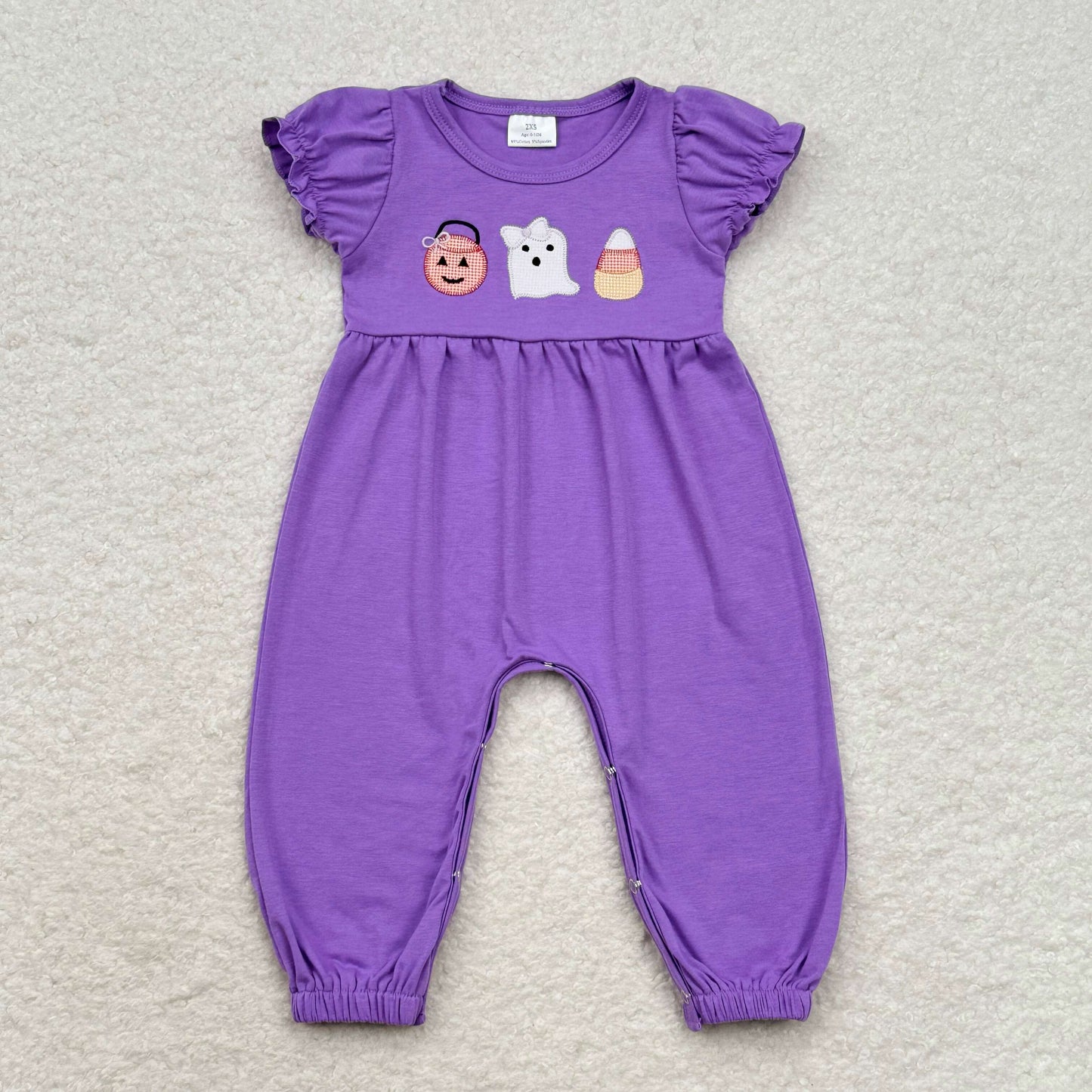 Baby Girl Halloween Embroidery Ghost Pumpkin Purple Cotton Romper