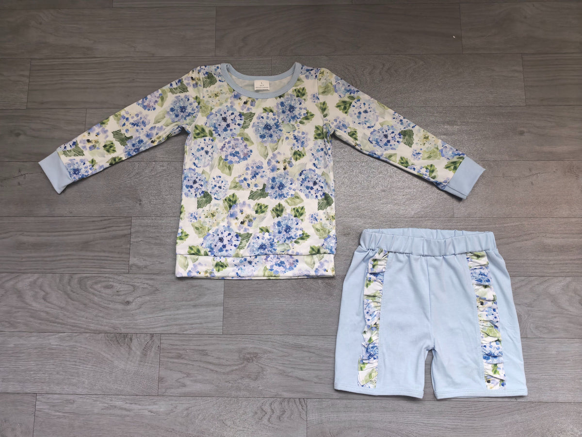 ( No moq ) Preorder Girls Kids Flower Bows Shirt Blue Ruffle Shorts Clothes Set