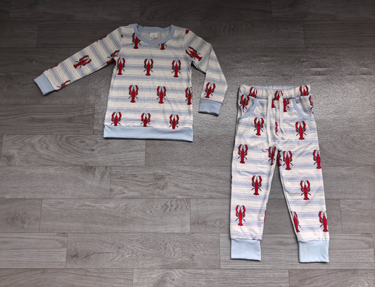 ( No moq ) Preorder Baby Boys Kids Long Sleeves Crayfish Stripes Shirt Pockets Pants Set Clothes