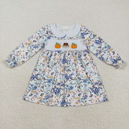 Baby Girl Long Sleeves Floral Embroidery Pumpkins Sibling Thanksgiving Romper Dress RTS