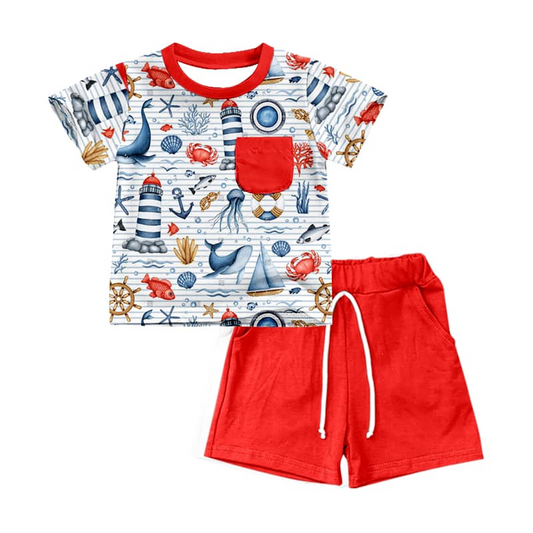 Moq 3 Pre-order BSSO0741 Baby Boy Short Sleeves Shirt Red Cotton Pocket Shorts Summer Set