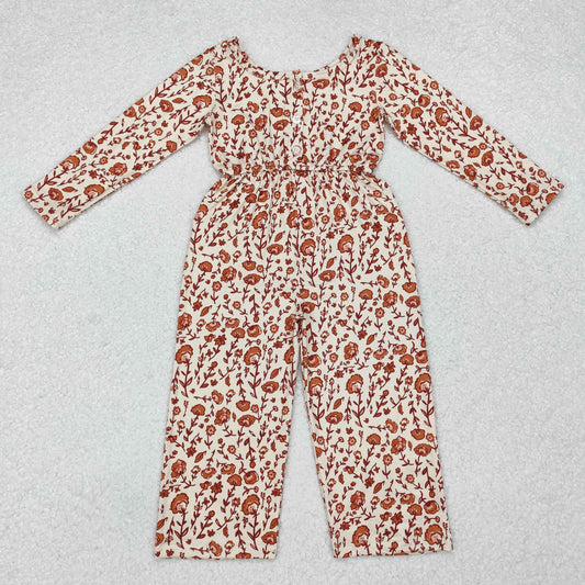 Baby Girl Long Sleeves Floral Leaves Fall Pocket Buttons Jumpsuit