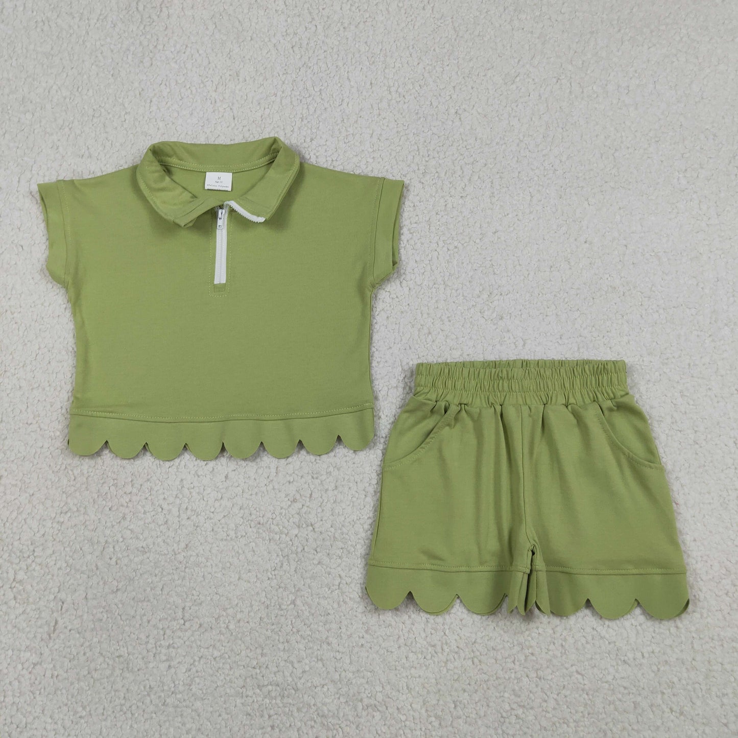 Baby Girls Kids Green Short Sleeves Zipper Shirt Scallop Shorts Set RTS