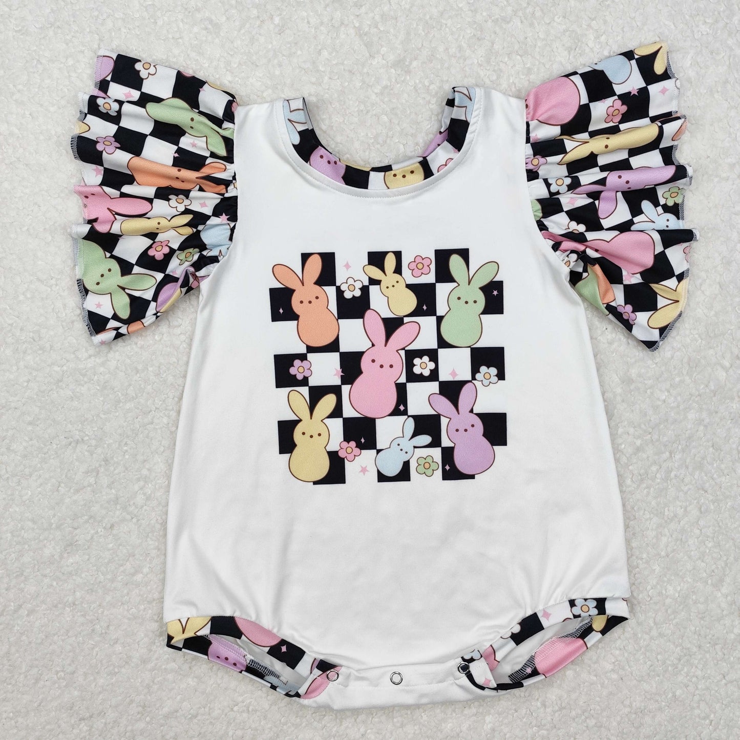 Baby Girl Infant  Short Sleeves Easter Checkered Rabbit Bubble Romper