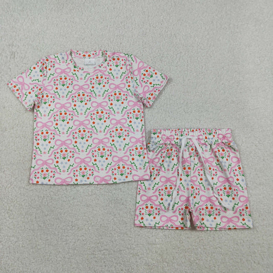 Baby Girls Kids Short Sleeves Bows Floral Shirt Shorts Summer Set RTS