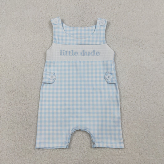 Baby Boys Sleeveless Embroidery Smocked Little Dude Blue Checked Romper RTS