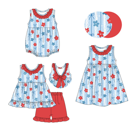 ( Moq 5 Each Style ) Sibling Baby Girls Kids Flower Bows 4th of July Romper Dress Set Summer Clothes