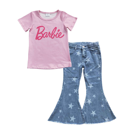 Baby Girl Pink Short Sleeves Doll Shirt Stars Blue Denim Pants Western Outfit