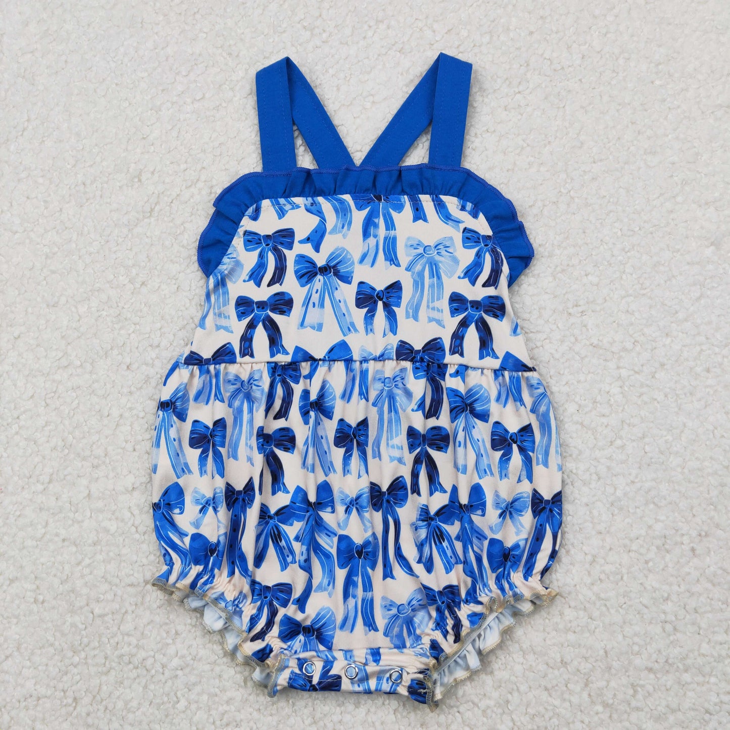 Baby Girl Infant Straps Blue Bows Ruffle Bubble Romper RTS