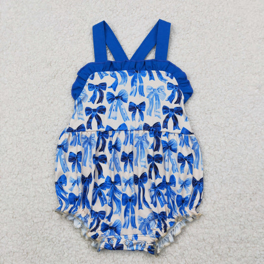 Baby Girl Infant Straps Blue Bows Ruffle Bubble Romper RTS