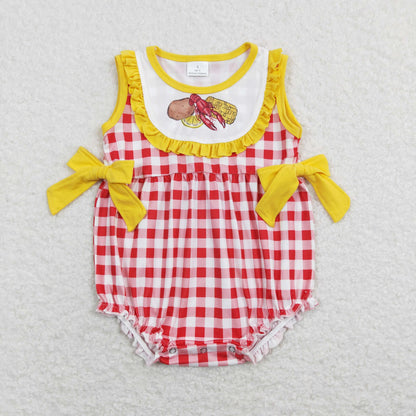 SR0769 Baby Girl Crawfish Potato Plaid Ruffle Bubble One Piece Romper