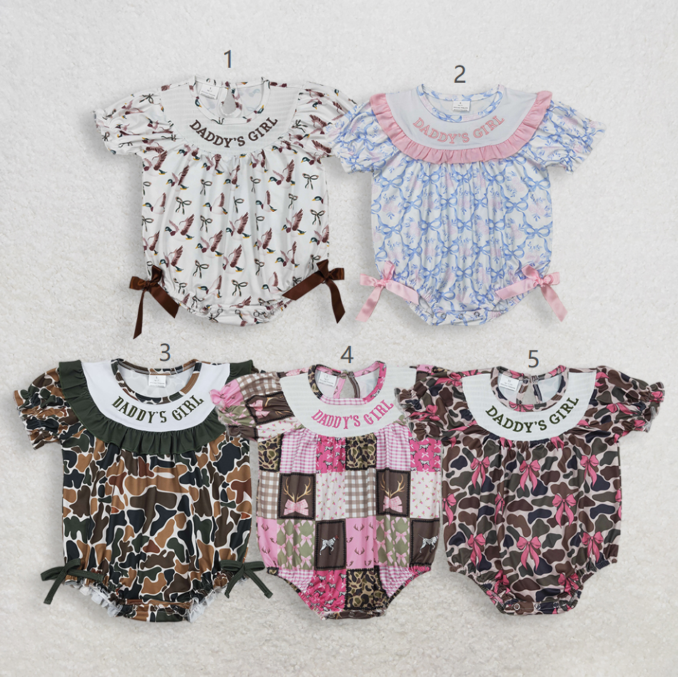 Sibling Baby Girls Kids Short Sleeves Embroidery Daddy's Girl Bubble Rompers Clothes RTS